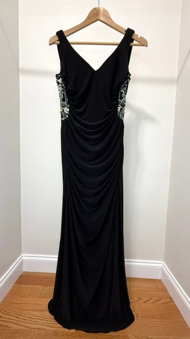 Black Ruched Metallic Jewel Evening Gown Fits Sz4–8